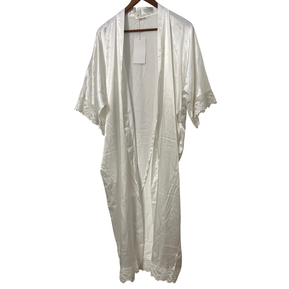 BABEYOND Womens White Satin Long Robe Lace Trim Bridal Sleepwear NWT